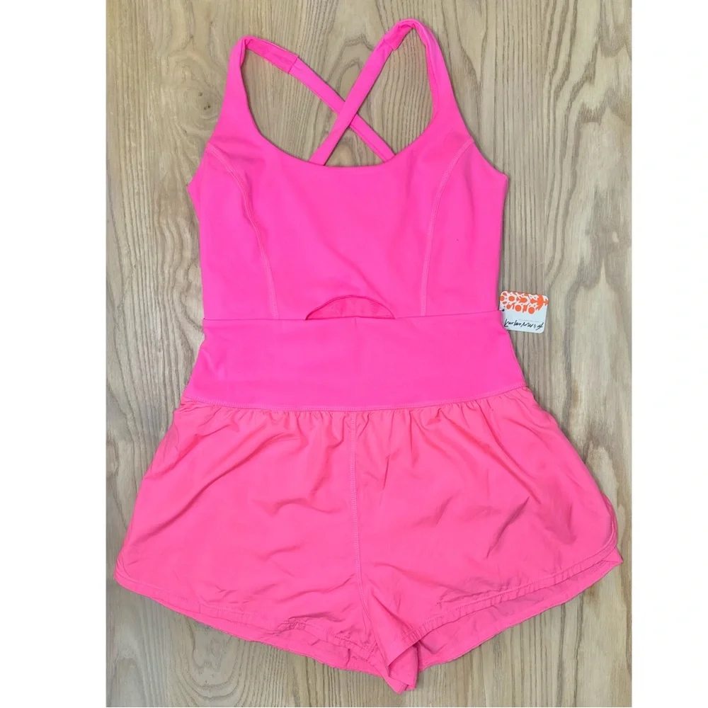 NWT Free People Movement Righteous Runsie Flamingo Fizz Pink Cutout Romper - Picture 10 of 11